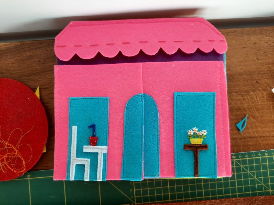 Making our felt bus book: the outside of the ice cream shop