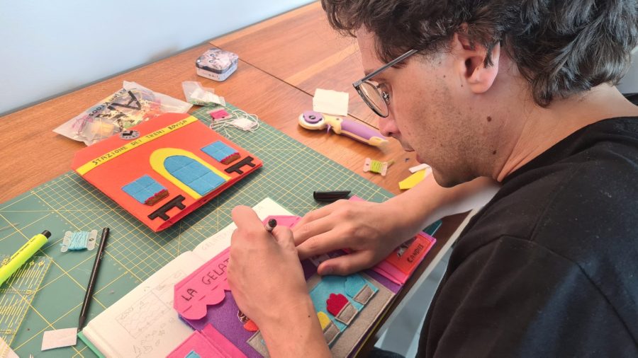 Making our felt bus book: the outside of the ice cream shop