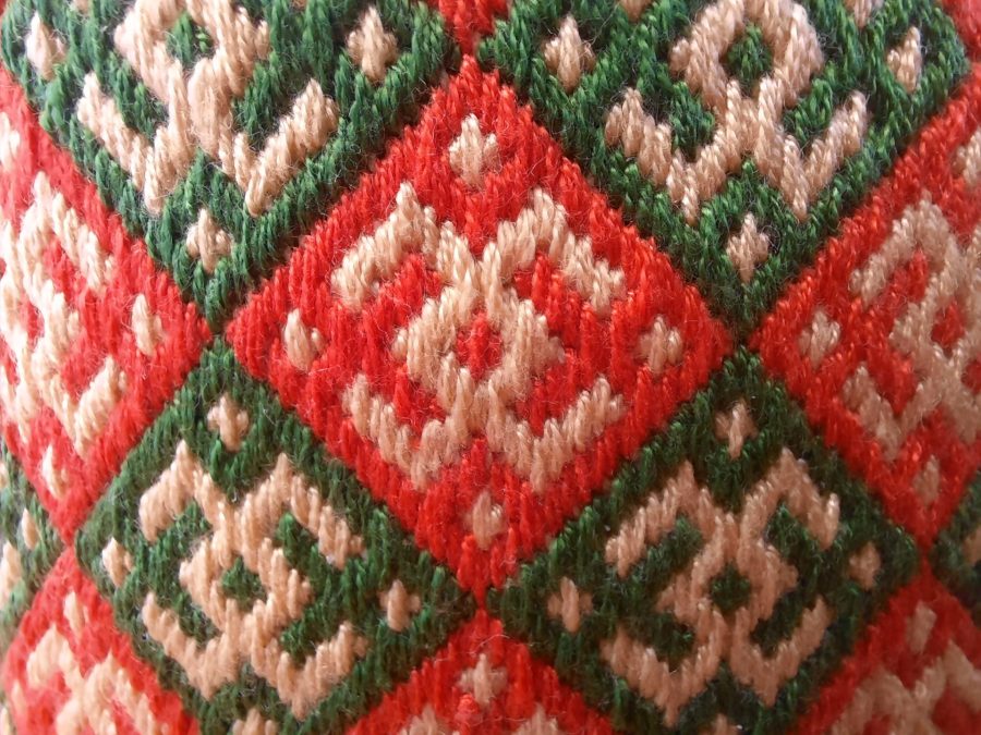 German Brick Stitch embroidered box: detail of the geometric motif