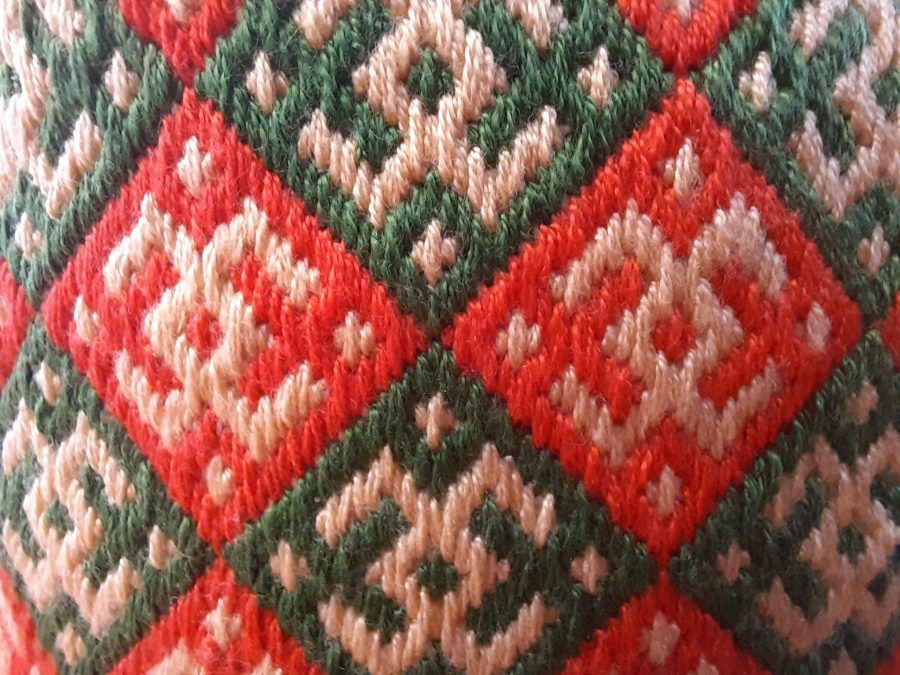 German Brick Stitch embroidered box: detail of the geometric motif
