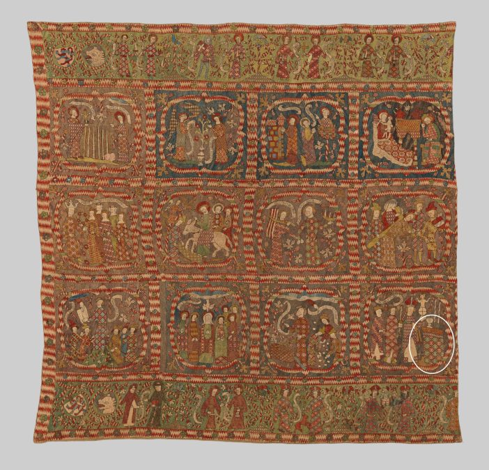 Embroidered Hanging, late 14th century, with detail of the chosen pattern for the embroidered box. From the Met Cloisters. Object number 69.106