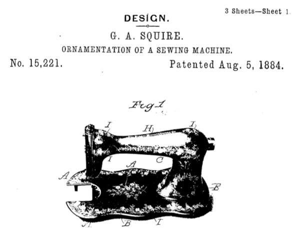 The cover of the Patent for a floral ornamentation for Singer Improved Family, patented in August 1884, by George A Squire