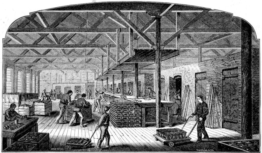 Illustration from 1864 of Singer japanning furnaces. From the book by Isaac M. Singer “Genius Rewarded, or the history of the sewing machine“