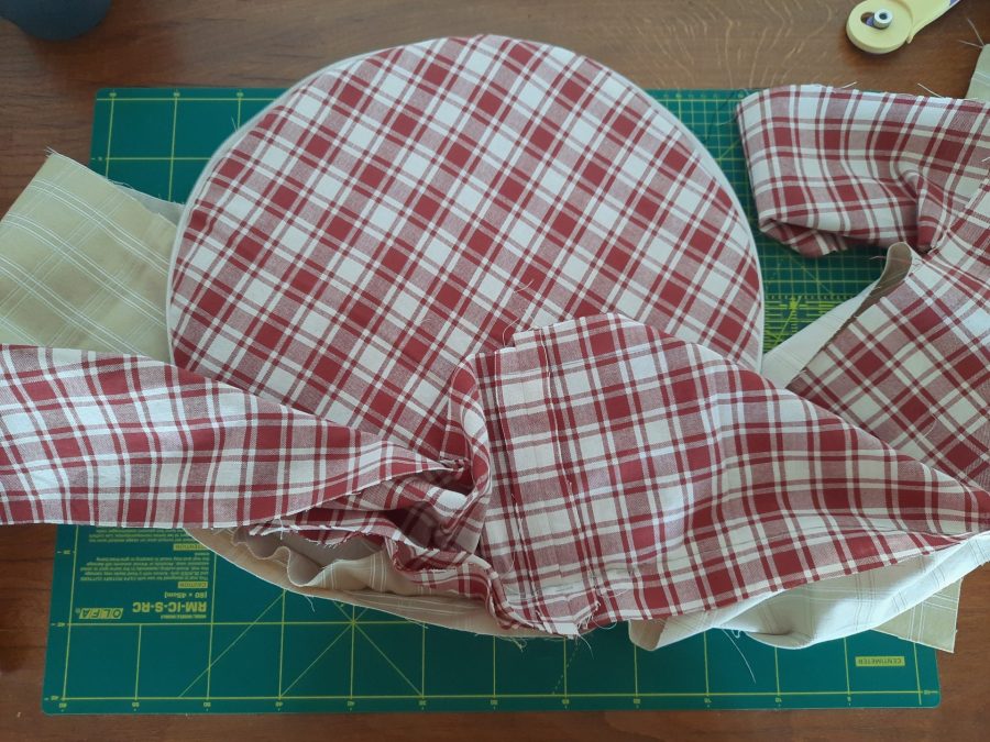 Attaching the wrapping strip to the opening circle to make my bodhran bag