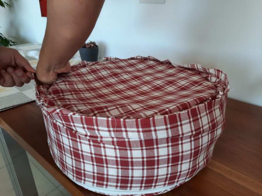 Hand-sewing the lining closed to finish the construction of my bodhran bag