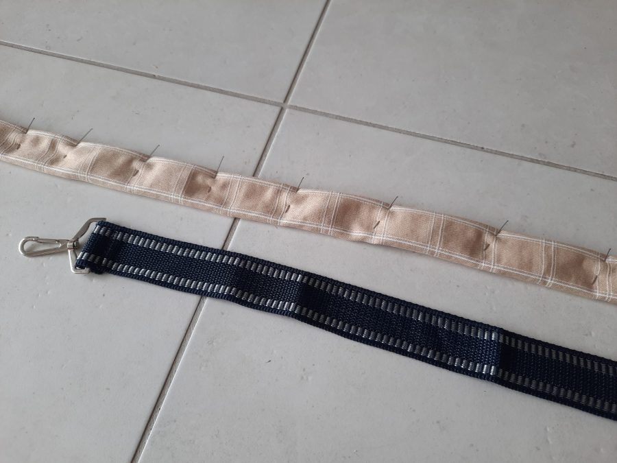 Making the shoulder strap for my bodhran bag, using metal hardware from an older one