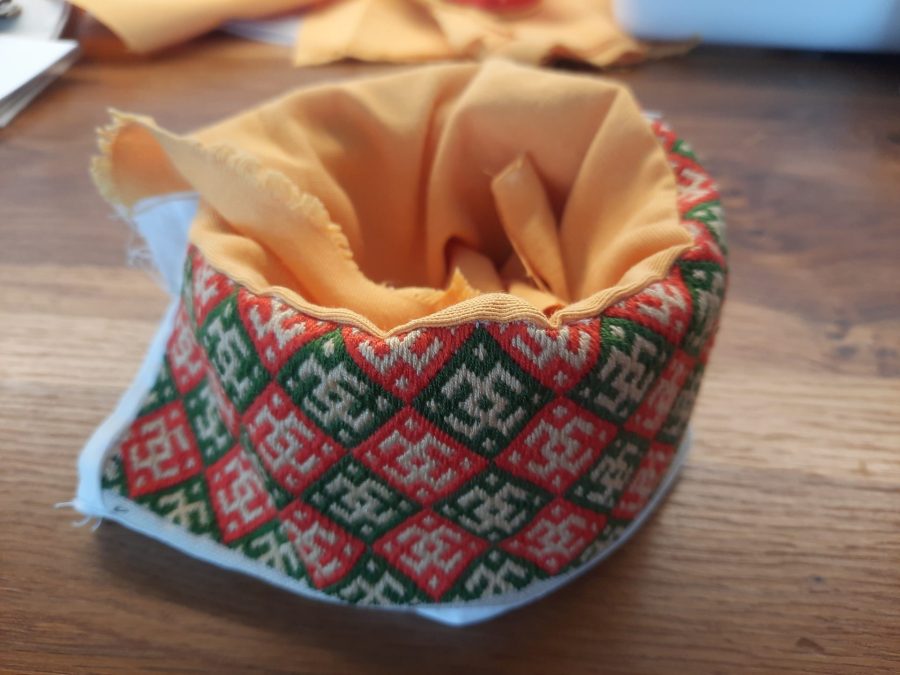 Lining the inside of my my German Brick Stitch embroidered box