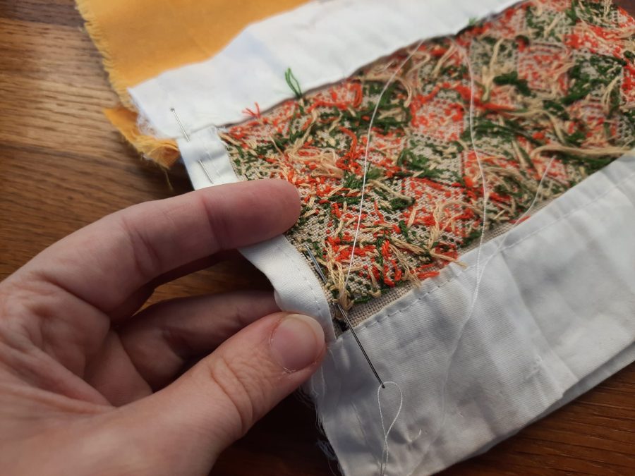 Lining the inside of my my German Brick Stitch embroidered box