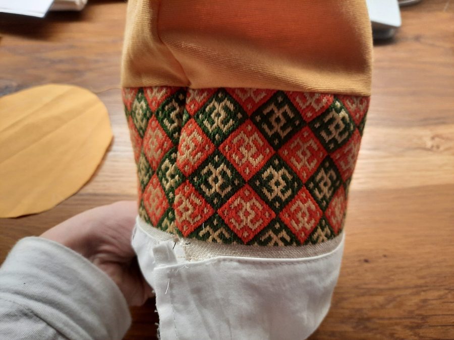Closing the lining on the bottom of my my German Brick Stitch embroidered box