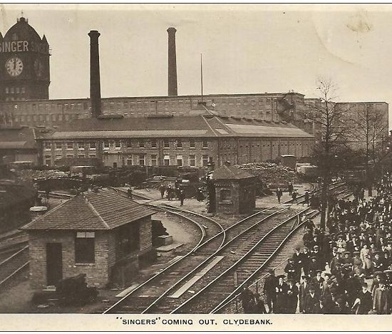 People leaving the Singer sewing machine factory, Kilbowie, Clydebank (Scotland, UK)
