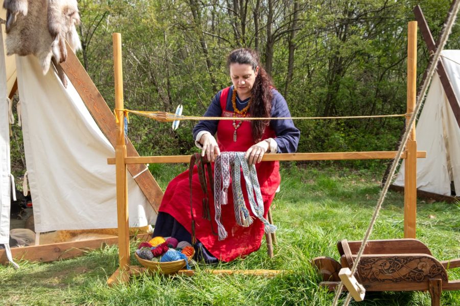 Federica of Hilda Arts & Crafts at her tablet weaving loom