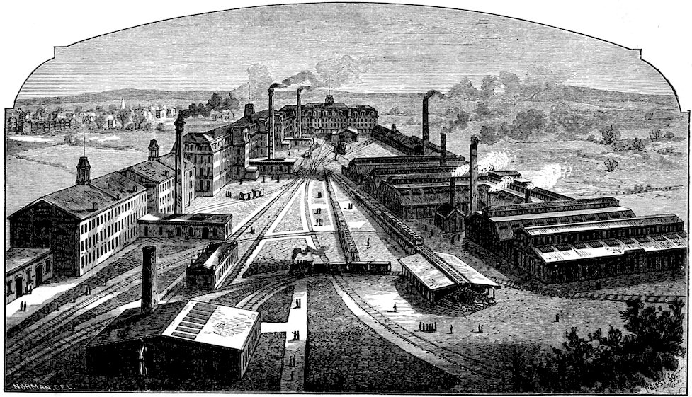 Bird's eye view of the Elizabethport factory. From the book by Isaac M. Singer “Genius Rewarded, or the history of the sewing machine“, published in 1880.