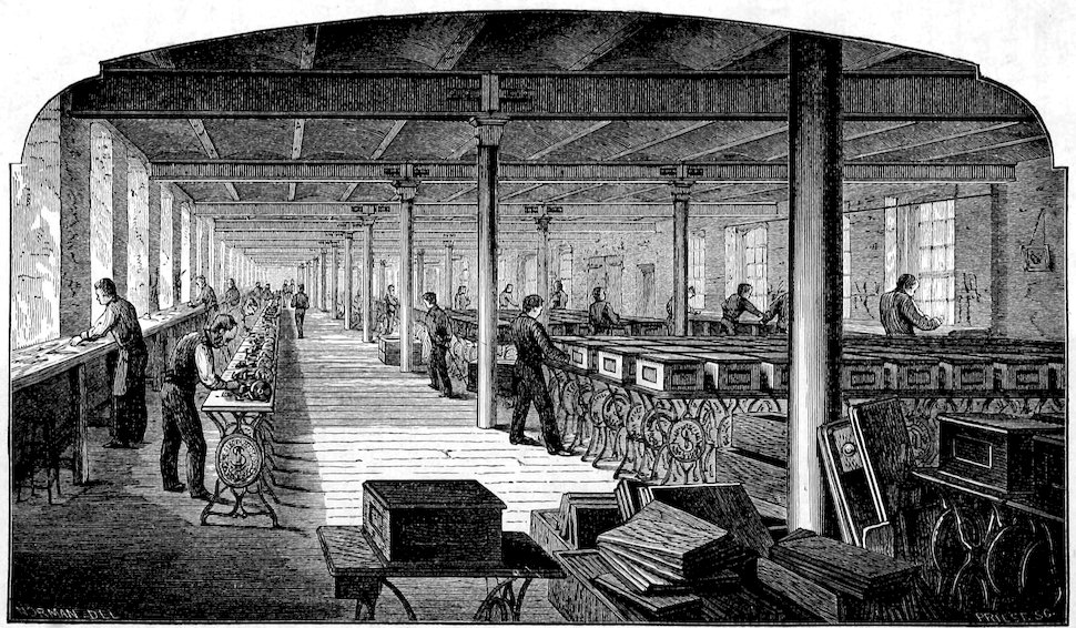 The Setting Up department at Elizabethport factory. From the book by Isaac M. Singer “Genius Rewarded, or the history of the sewing machine“, published in 1880.
