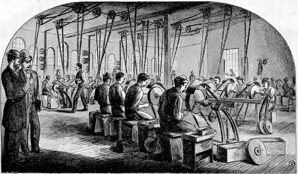 The polishing room at the Elizabethport factory. From the book by Isaac M. Singer “Genius Rewarded, or the history of the sewing machine“, published in 1880.
