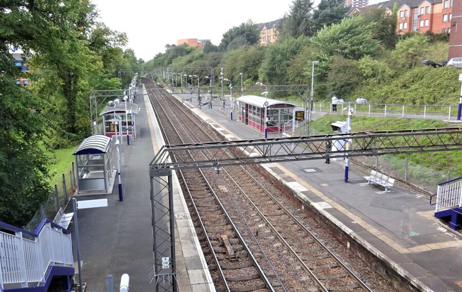 Singer railway station, Argyle Line, Clydebank. View west from the ticket office.